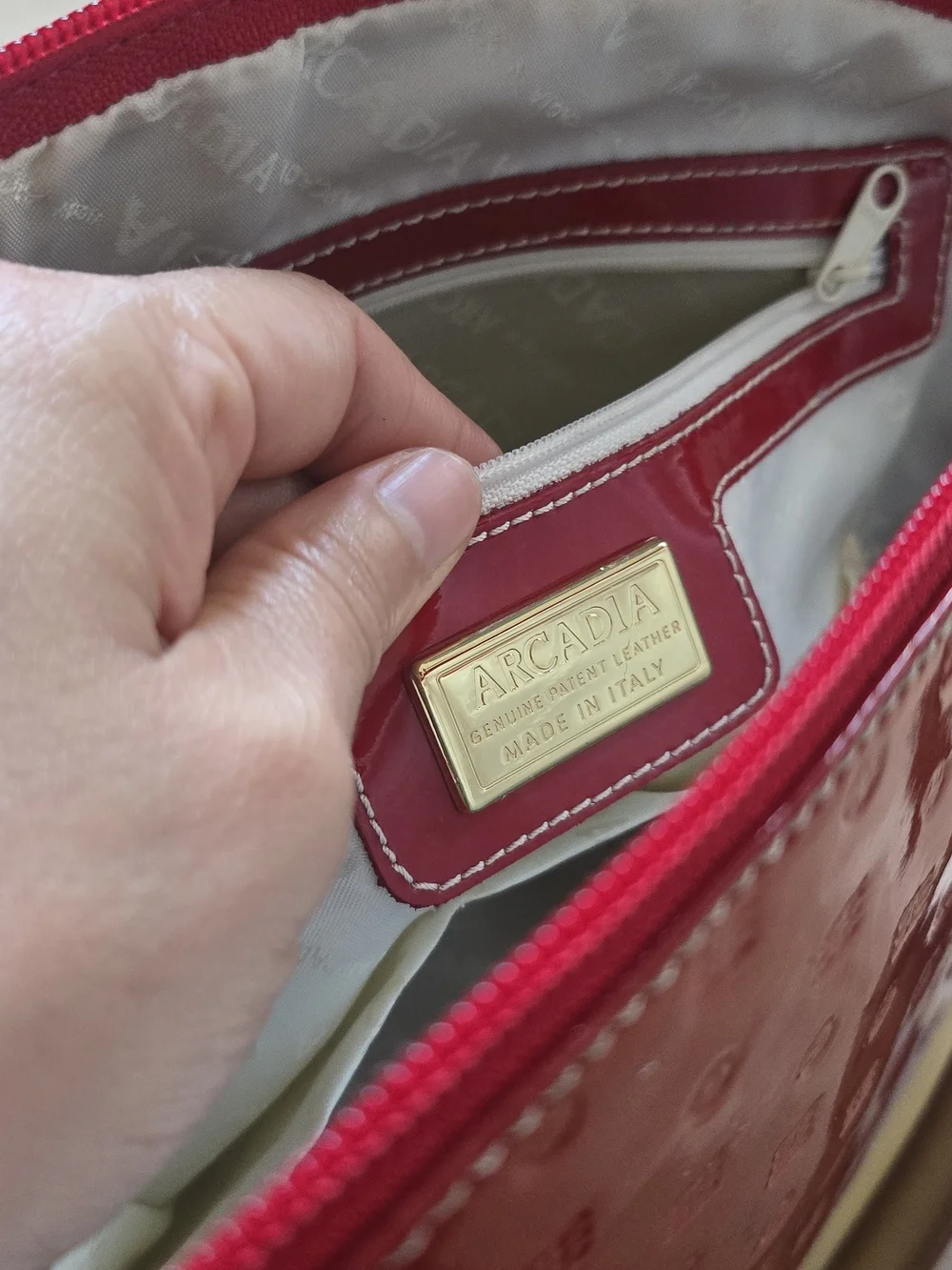 Arcadia Italy Red Patent Leather Embossed Monogram Dome Satchel Handbag